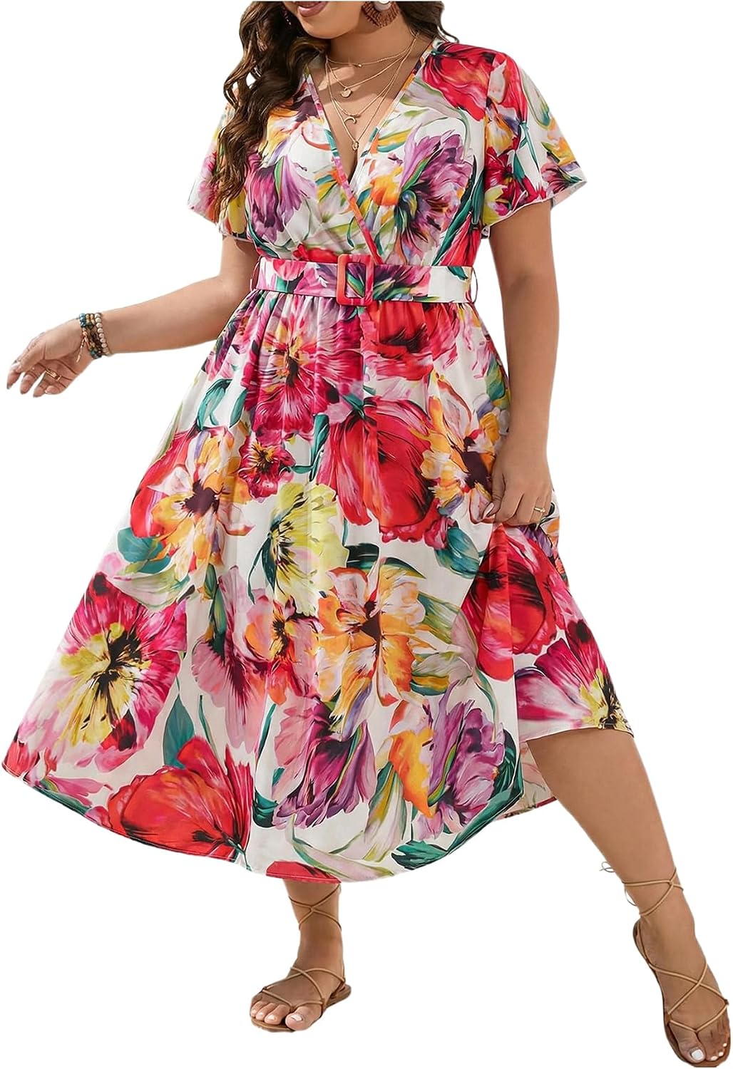 Floerns Women's Plus Size Hawaiian Tropical V Neck Long Dress | V Neck,Boho Hawaiian Tropical,All Over Print,Short Sleeve,Vacation Outfits