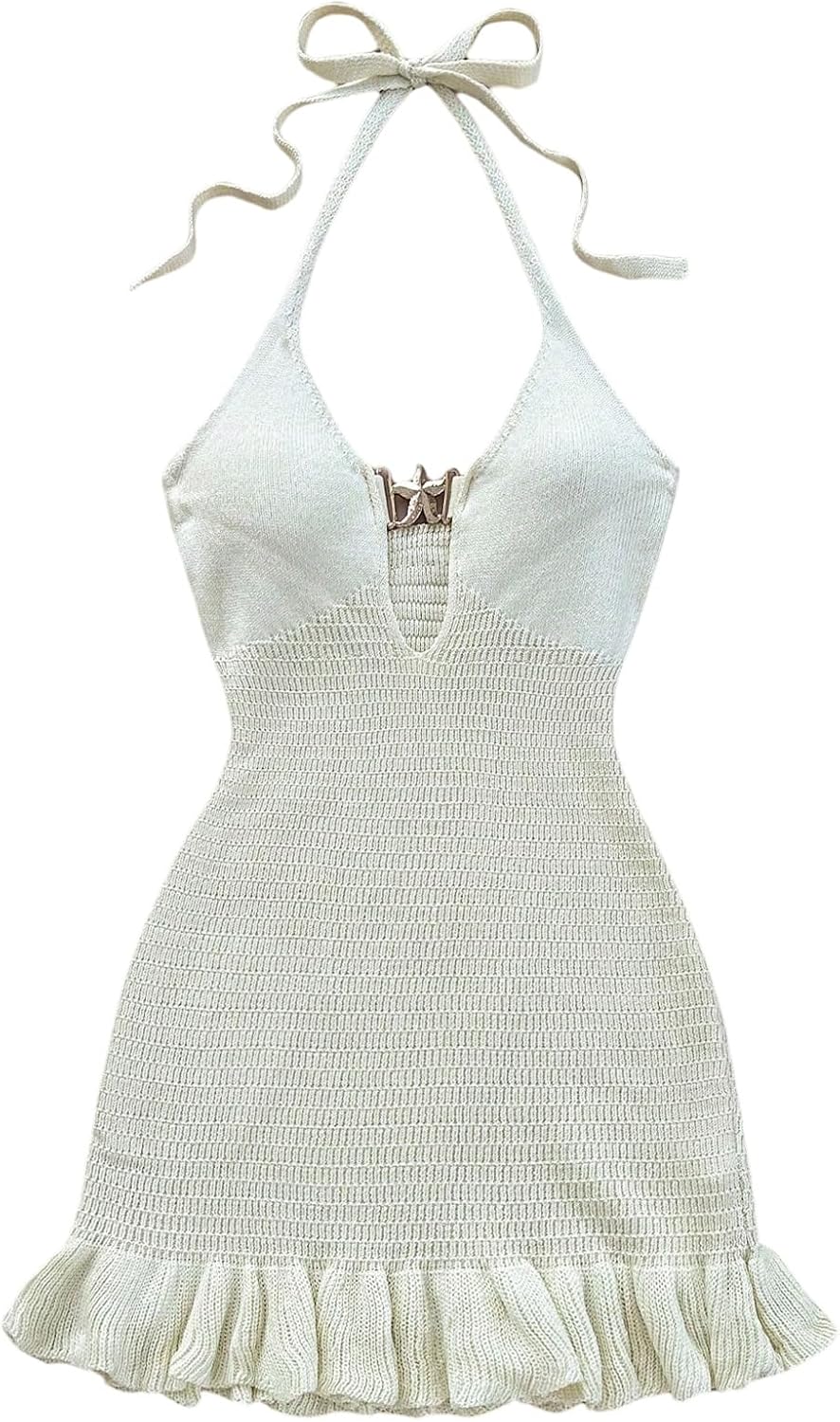 GORGLITTER Women's Crochet Halter Mini Dress Western Cowgirl Sweater Dress | Boho Knit Backless Dresses, 90s Country Concert Party Festival Outfits, Rave Hippie Clothes