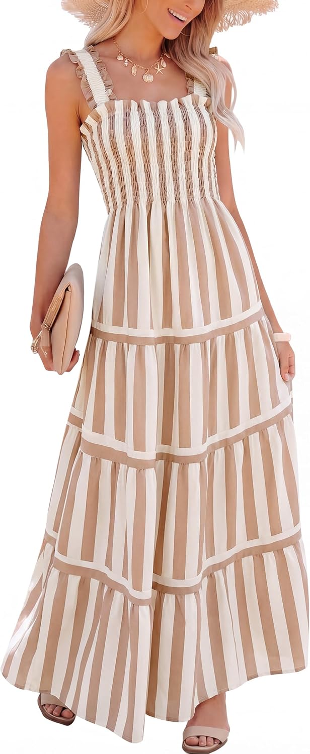 Caracilia Womens Summer Maxi Dresses Floral Smocked Boho Sundress | Sleeveless Ruffle Straps, Square Neck, Tiered Aline Flowy Casual Long Dress, Beach Vacation Outfits