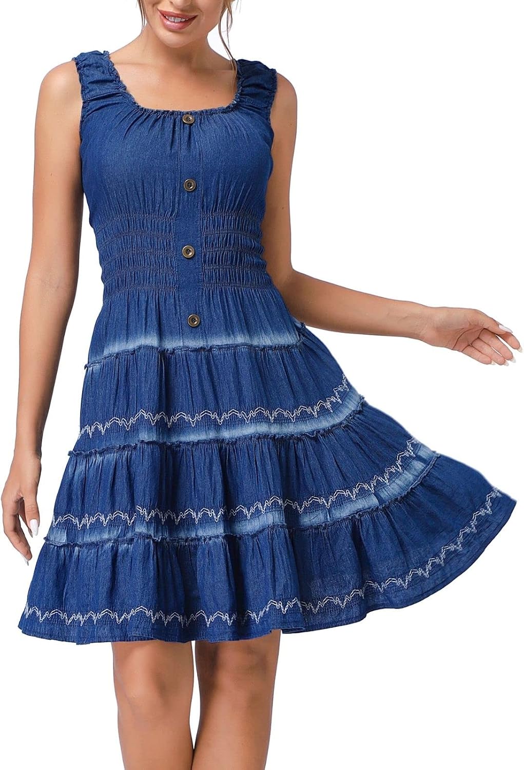 DREFBUFY Womens Denim Maxi Dress Sleeveless Summer Casual Blue Cotton Boho Flowy Long Jean Sundresses for Women
