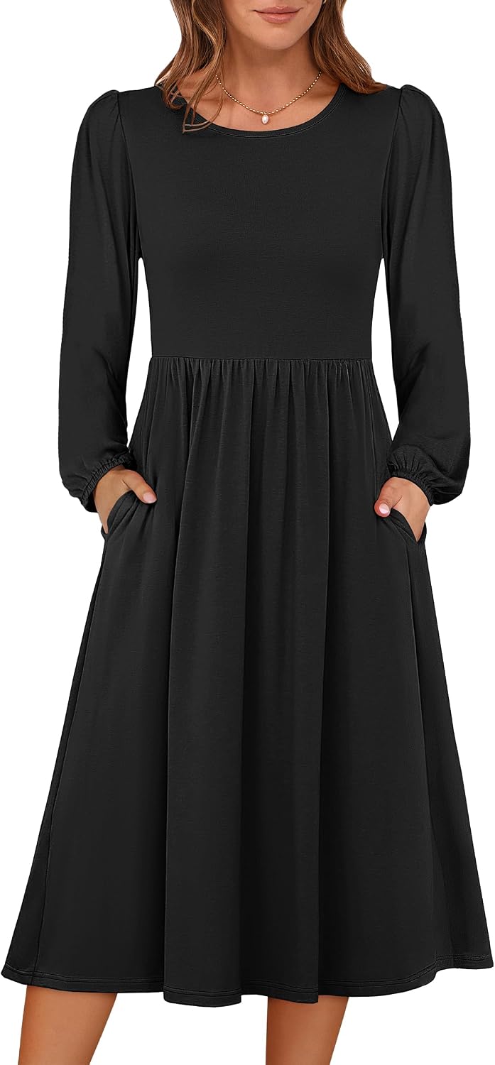 ANRABESS Women Long Sleeve Casual Fall Midi Dress Lightweight with Pockets | Crewneck Flowy A-Line Long Dresses, Comfy Soft, Church Floral Vacation Outfits, Fashion Transition, Winter Layering Clothes