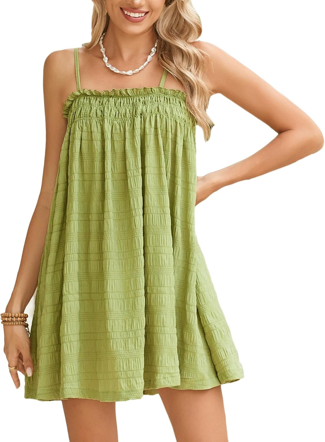 MakeMeChic Women's Babydoll Dress Sleeveless Swing Shirred Mini Dresses | Beach, Summer, Sundress, Ruffle, Casual Dress, Flowy Dress