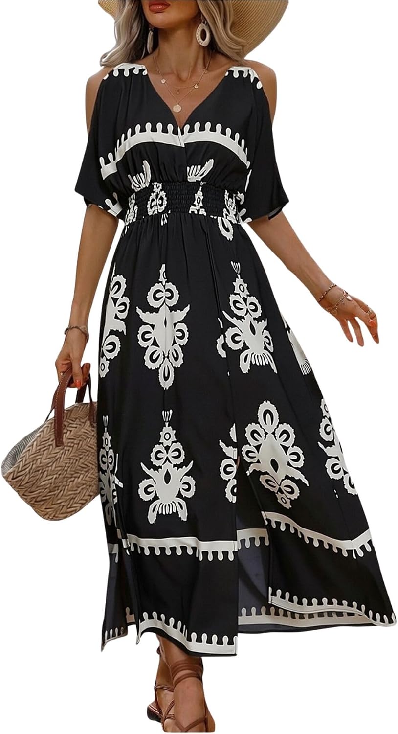 Verdusa Women's Summer Tropical Maxi Dress Hawaiian Vacation Beach Dresses | Cruise Dresses, Summer Cold Shoulder Dress, Resort Wear, Vacation Outfits, Island Dress