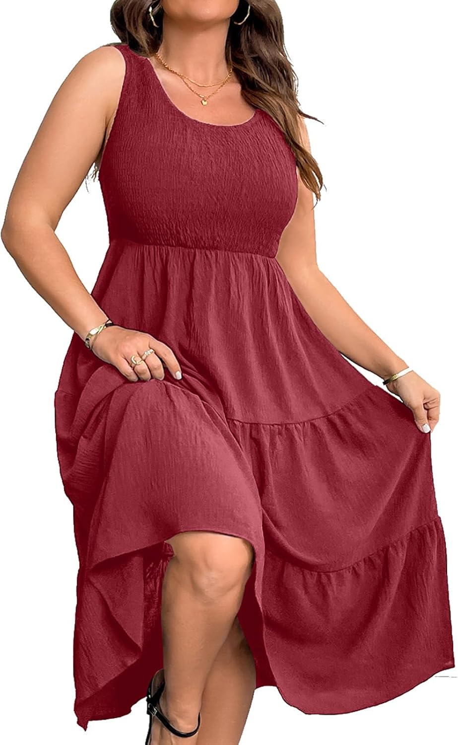 RWJ Plus Size Summer Sleeveless Tank Dress for Women Smocked Midi Sundress | Casual Loose Fit, Tiered Long Dresses, Beach Vacation, Holiday, Wedding Guest, Cocktail Party, Resort, Music Festival, Date