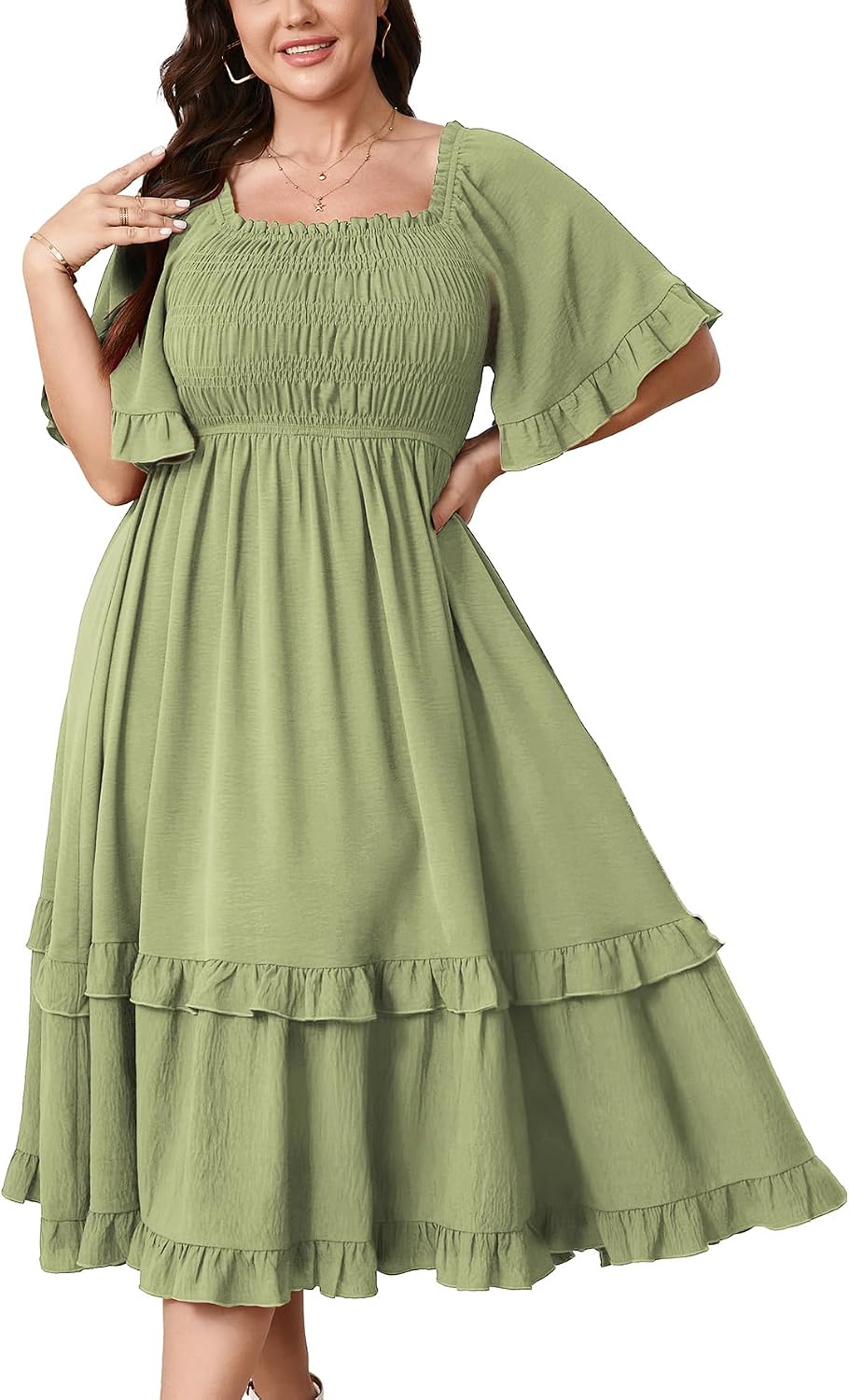 SCOMCHIC Women's Plus Size Maxi Summer Wedding Guest Cocktail Boho Dresses | Short Sleeve, Square Neck Smocked, A line, Fall, Elegant Flowy Long Dress