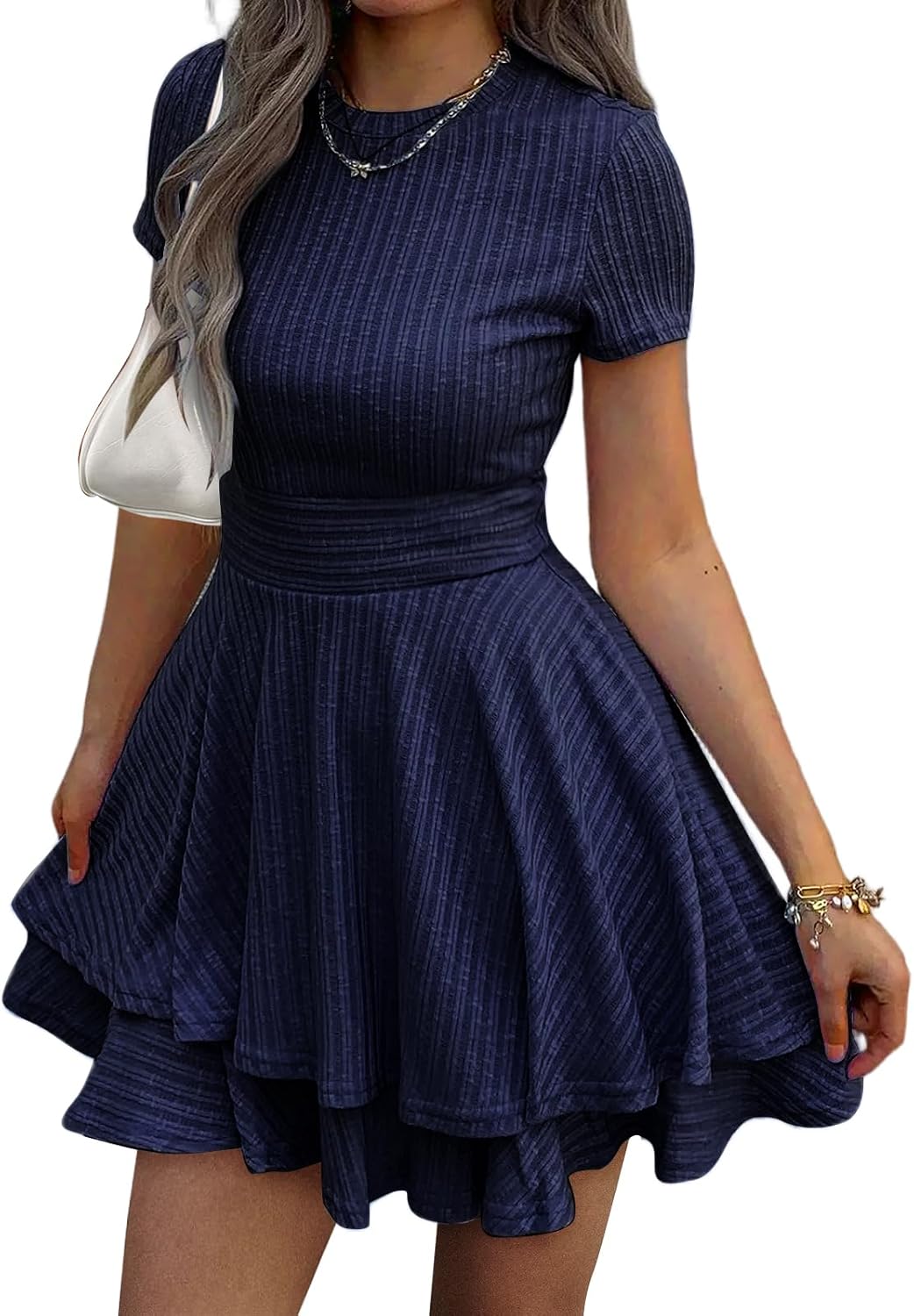 Evzeiem Womens Summer Mini Dresses Short Sleeve Casual Crewneck Knitted Crochet Flowy Tiered Sundress