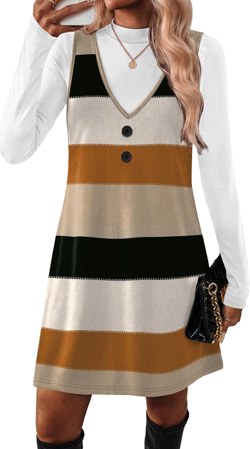 OFEEFAN Fall Dresses for Women 2 Piece Sets Long Sleeve Overall Dress with Pockets Abvoe Knee Fashion Winter Clothing