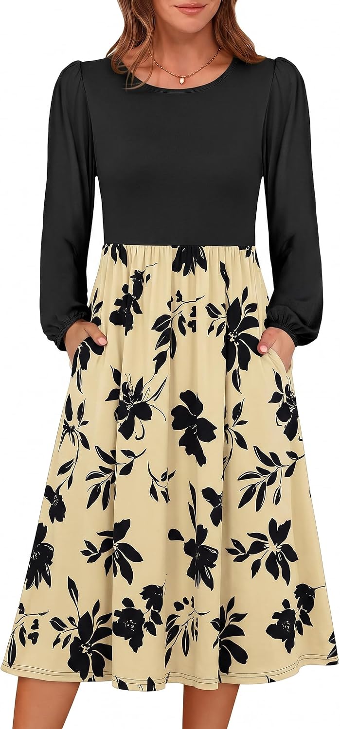 ANRABESS Women Long Sleeve Casual Fall Midi Dress Lightweight with Pockets | Crewneck Flowy A-Line Long Dresses, Comfy Soft, Church Floral Vacation Outfits, Fashion Transition, Winter Layering Clothes