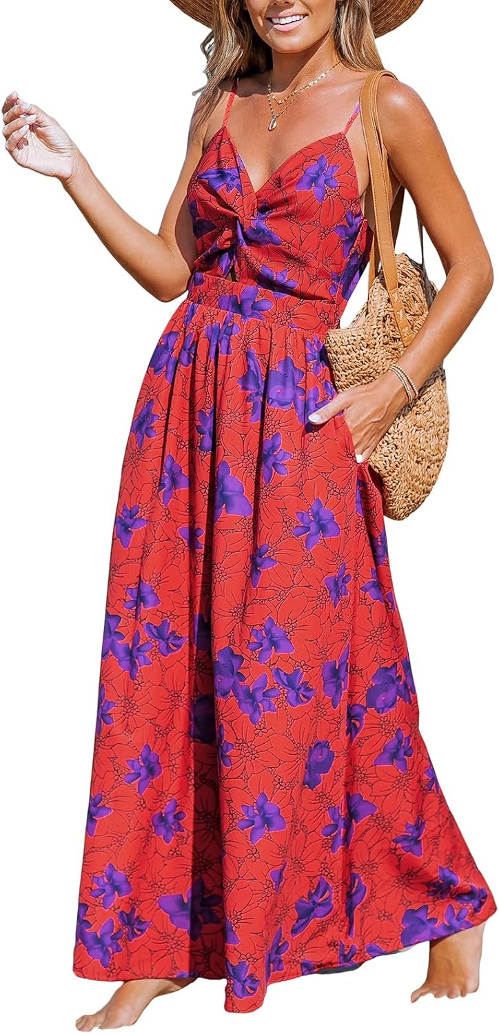 CUPSHE Women's Maxi Dress Floral Print Twisted V Neck Sleeveless Long Dress Summer Casual Dress