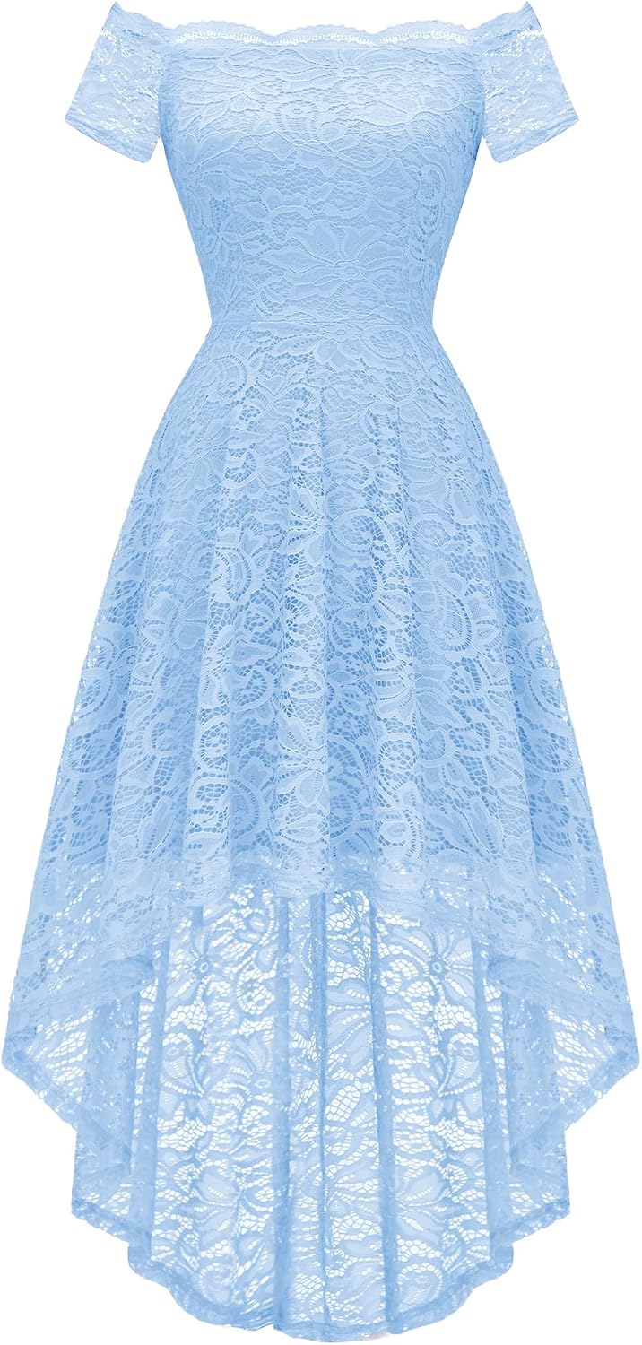 Dressystar Women's Lace Off Shoulder Cocktail Formal Wedding Guest Dress | Hi Lo Bridesmaid Wedding Dresses,Short Sleeve Party Swing Dress, A Line Design,Convertible Neckline,Soft Lace Long Dress