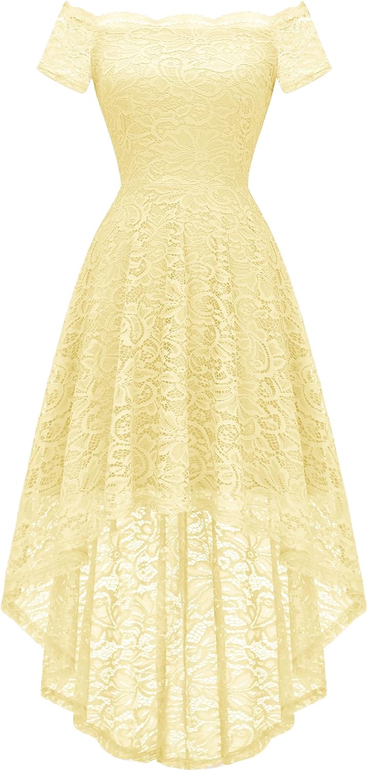 Dressystar Women's Lace Off Shoulder Cocktail Formal Wedding Guest Dress | Hi Lo Bridesmaid Wedding Dresses,Short Sleeve Party Swing Dress, A Line Design,Convertible Neckline,Soft Lace Long Dress
