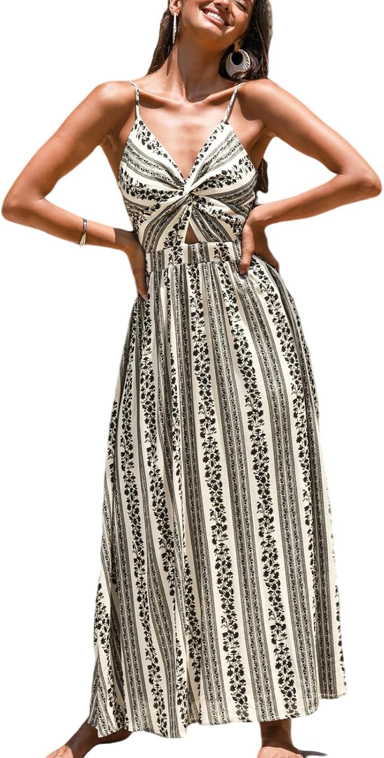 CUPSHE Women's Maxi Dress Floral Print Twisted V Neck Sleeveless Long Dress Summer Casual Dress