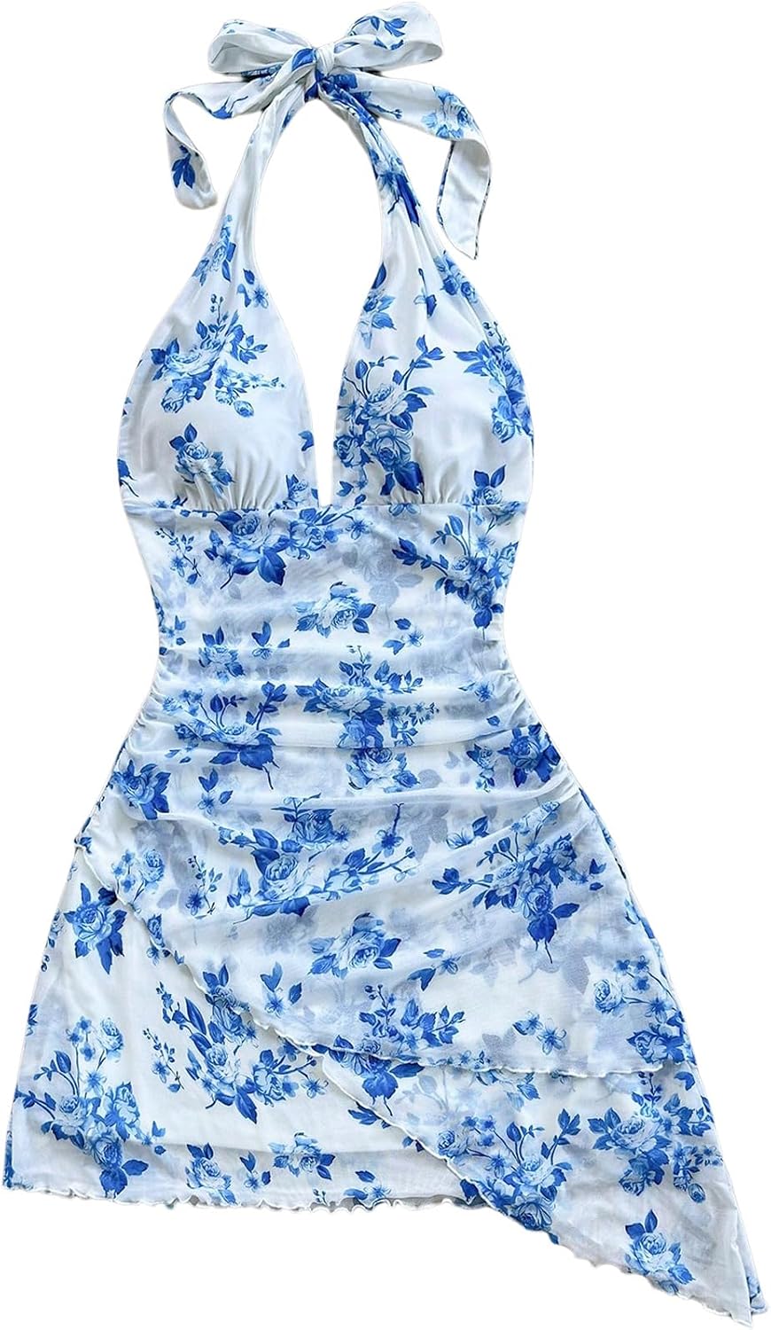 BEAUDRM Women's Summer Mini Dress Halter Backless Vacation Beach Sundresses | Boho Dress, Floral Dress for Women, Vacation Beach Outfits, Going Out Dress, Brunch Outfits