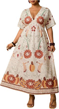 Floerns Women's Plus Size Hawaiian Tropical V Neck Long Dress | V Neck,Boho Hawaiian Tropical,All Over Print,Short Sleeve,Vacation Outfits