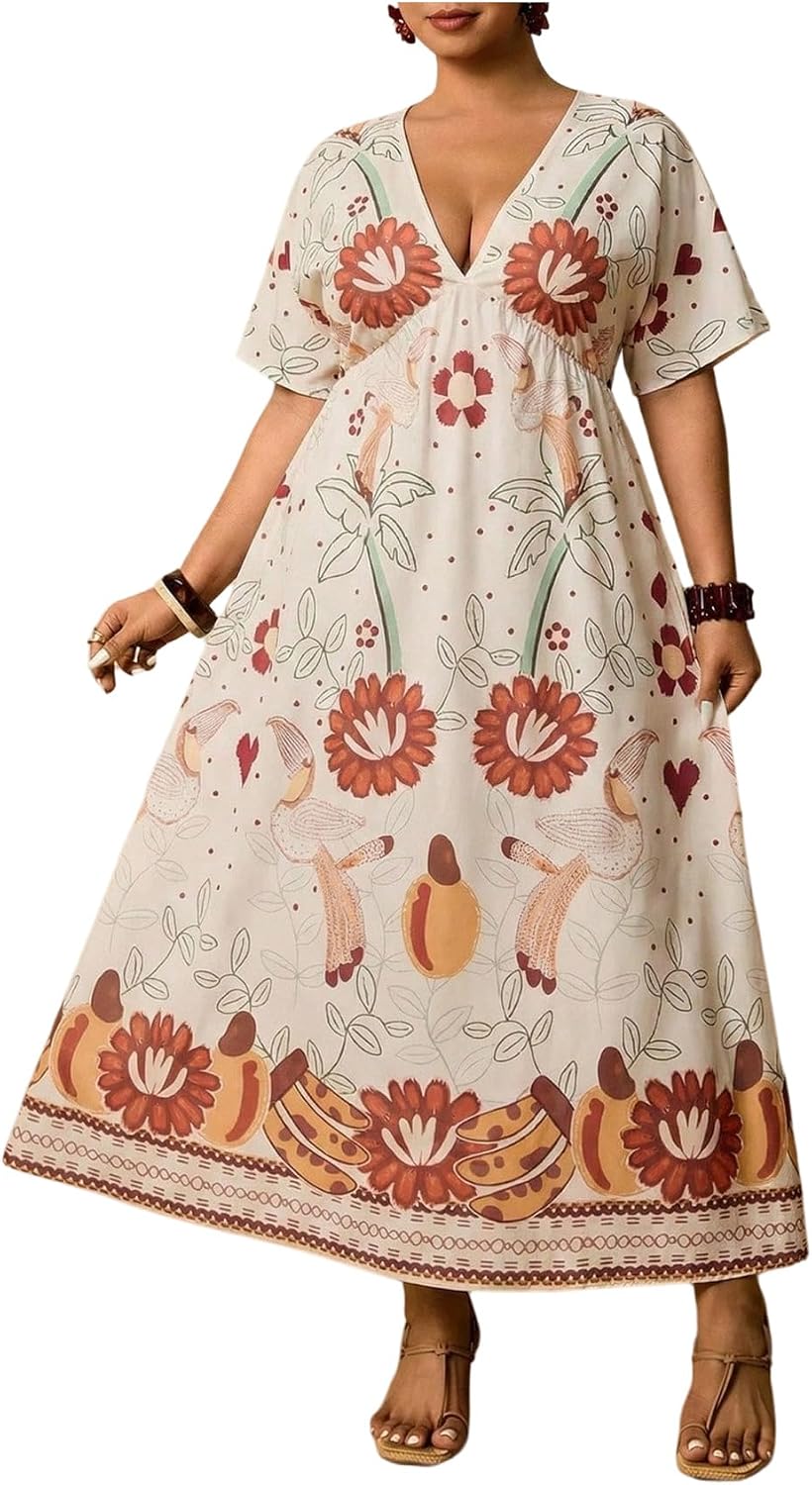 Floerns Women's Plus Size Hawaiian Tropical V Neck Long Dress | V Neck,Boho Hawaiian Tropical,All Over Print,Short Sleeve,Vacation Outfits