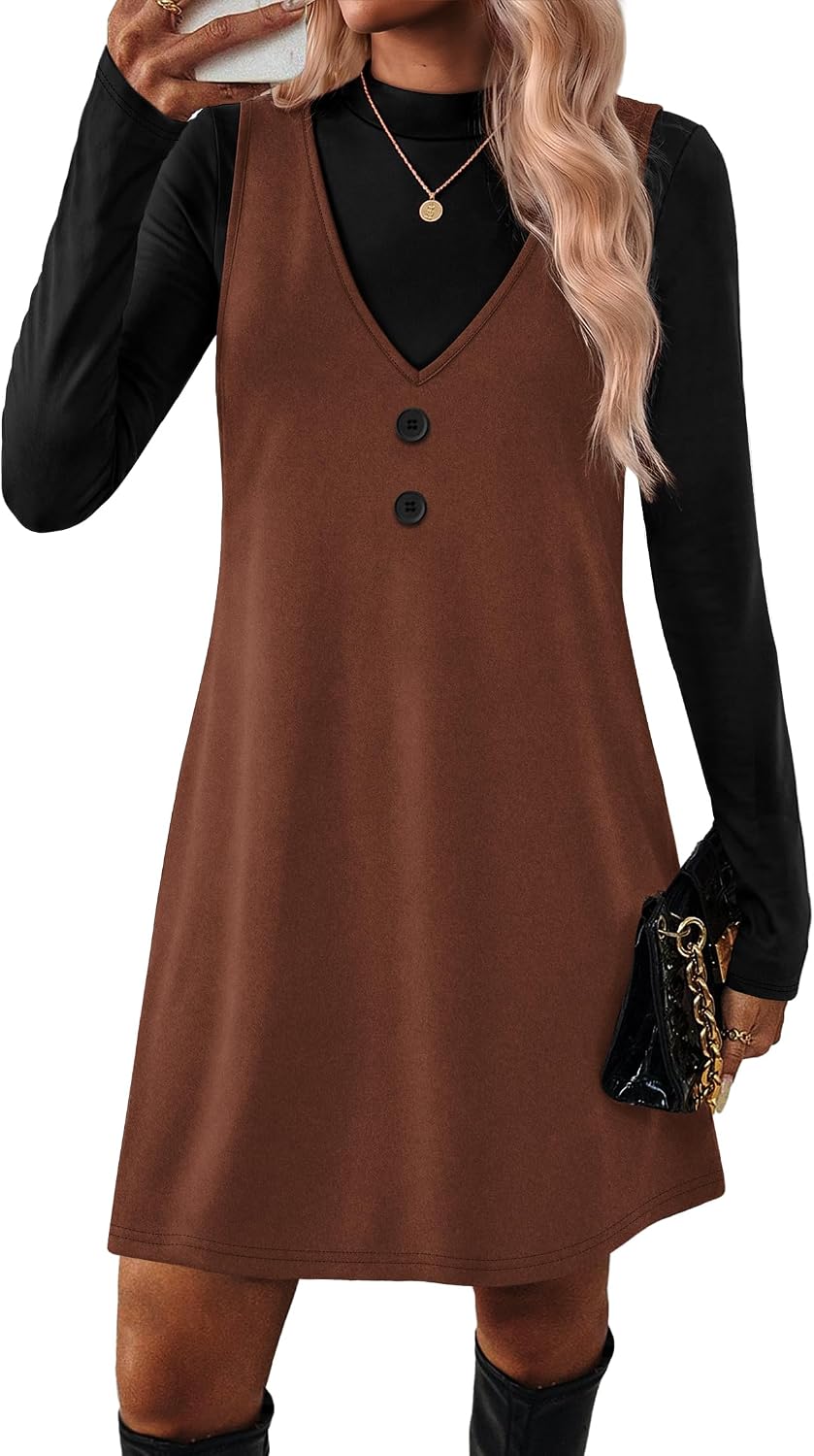 OFEEFAN Fall Dresses for Women 2 Piece Sets Long Sleeve Overall Dress with Pockets Abvoe Knee Fashion Winter Clothing