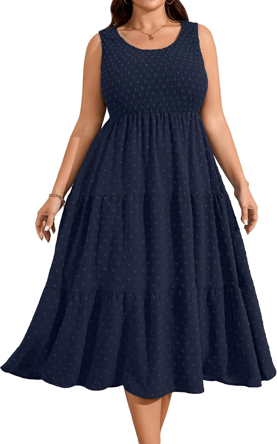 RWJ Plus Size Summer Sleeveless Tank Dress for Women Smocked Midi Sundress | Casual Loose Fit, Tiered Long Dresses, Beach Vacation, Holiday, Wedding Guest, Cocktail Party, Resort, Music Festival, Date