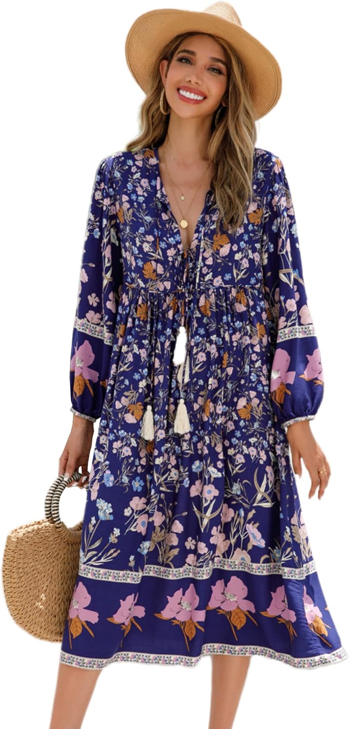 R.Vivimos Women's Long Sleeve Casual Boho Floral Midi Dresses | Retro V Neck, Tassel Tie, Beach Vacation Outfits, Resort Wear