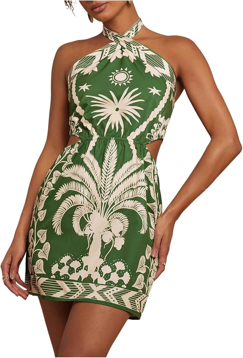 MakeMeChic Women's Boho Mini Dress Tropical Vacation Dress | Beach Vacation Outfits, Floral, Halter, Sundress