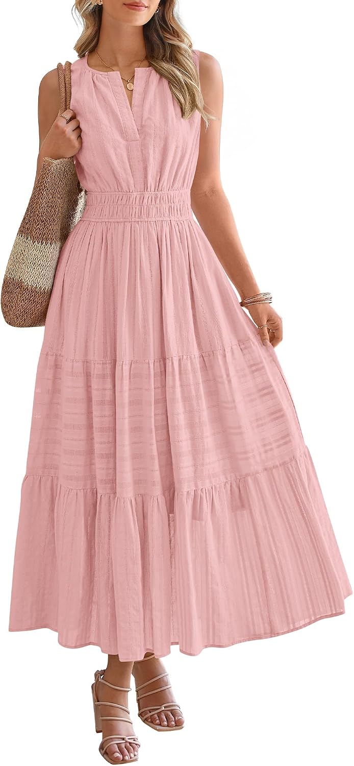 BTFBM Womens Summer Casual Midi Maxi Dress 2026 | Lightweight Sleeveless Boho Sundress,Elastic Waist A Line,V Neck Cotton Long Dresses Pockets,Beach Vacation,Fashion Clothing