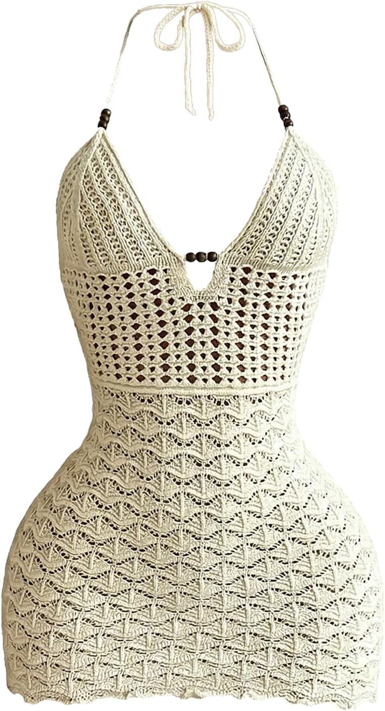 GORGLITTER Women's Crochet Halter Mini Dress Western Cowgirl Sweater Dress | Boho Knit Backless Dresses, 90s Country Concert Party Festival Outfits, Rave Hippie Clothes