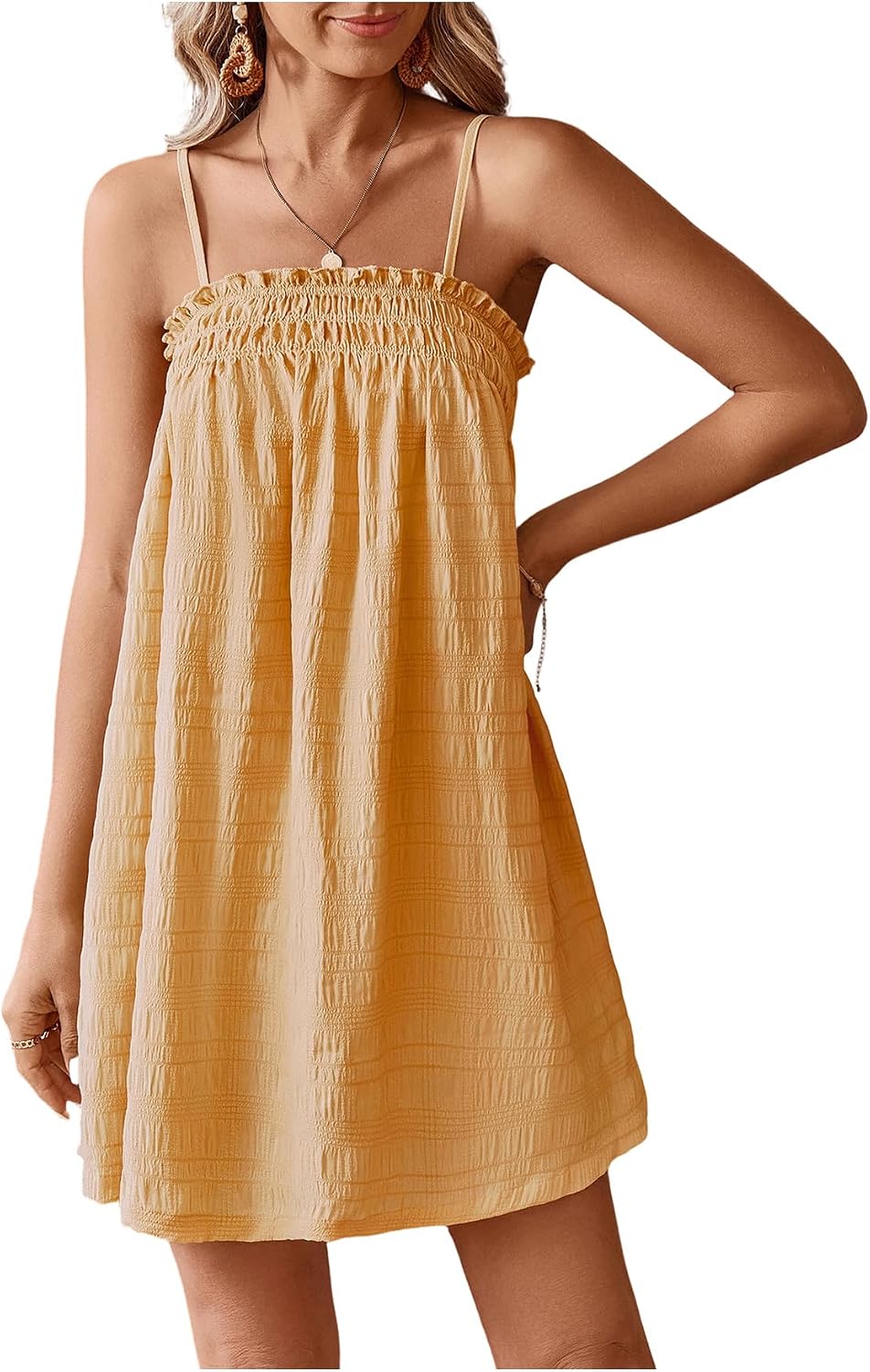 MakeMeChic Women's Babydoll Dress Sleeveless Swing Shirred Mini Dresses | Beach, Summer, Sundress, Ruffle, Casual Dress, Flowy Dress