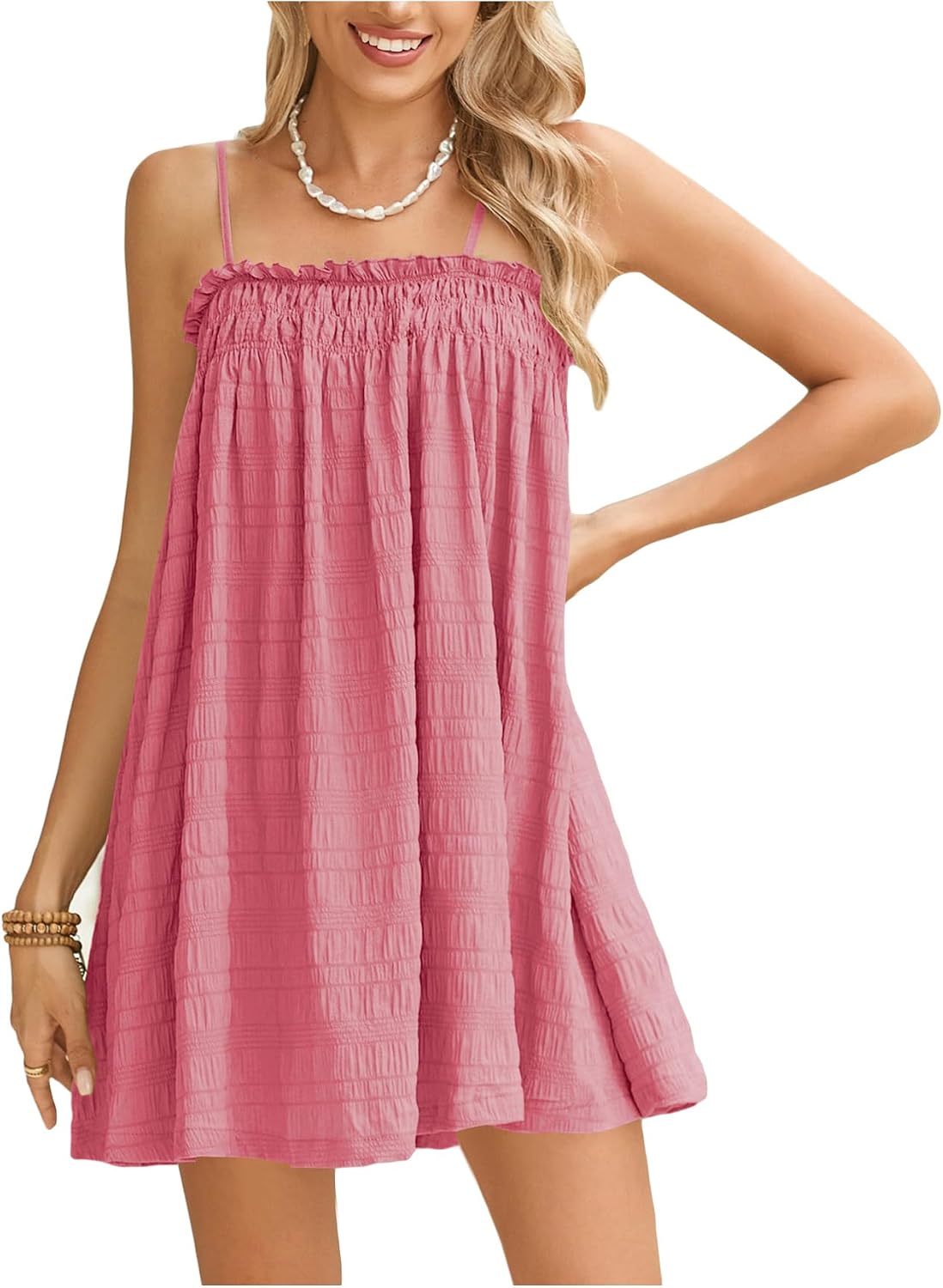 MakeMeChic Women's Babydoll Dress Sleeveless Swing Shirred Mini Dresses | Beach, Summer, Sundress, Ruffle, Casual Dress, Flowy Dress