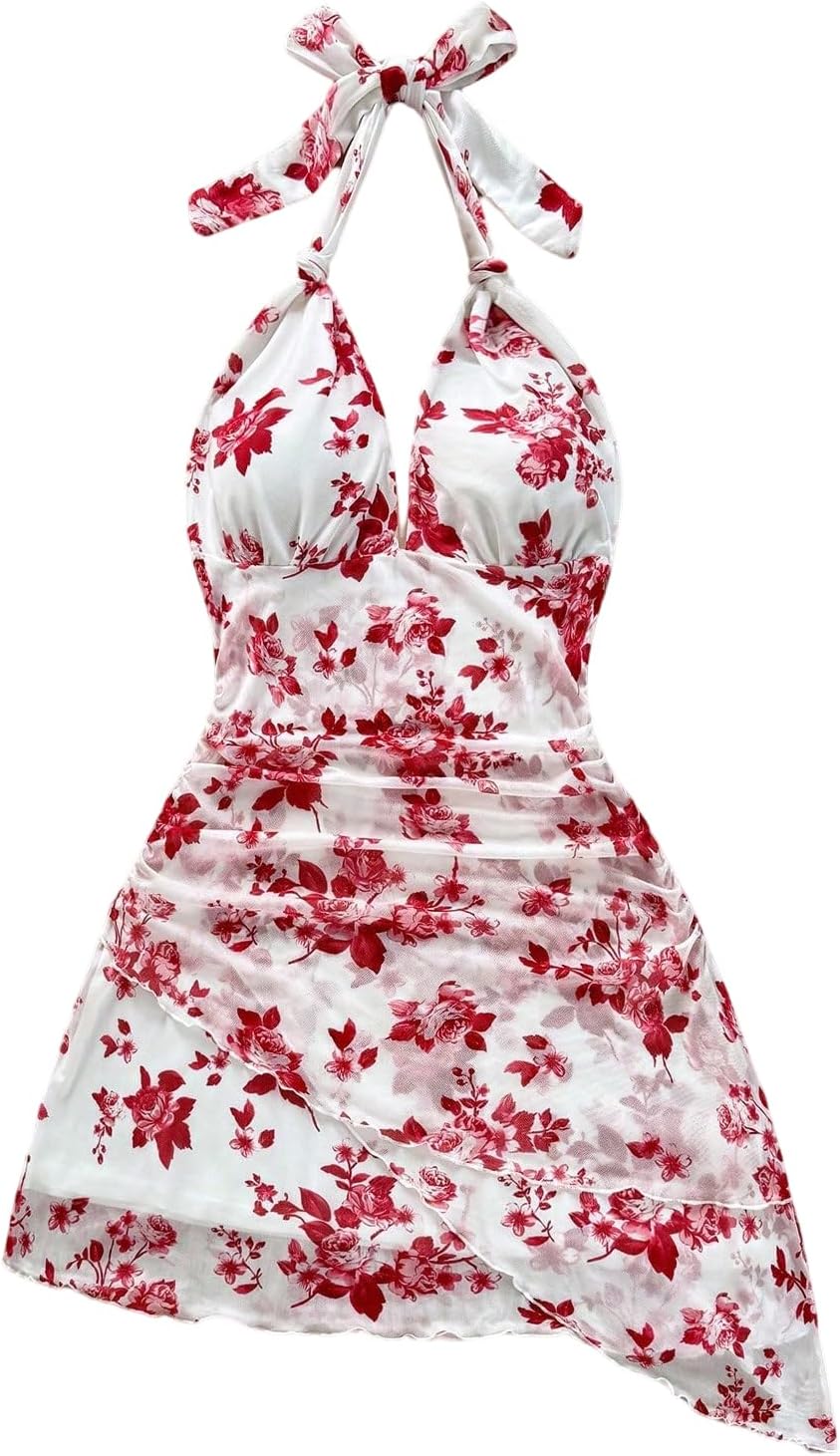 BEAUDRM Women's Summer Mini Dress Halter Backless Vacation Beach Sundresses | Boho Dress, Floral Dress for Women, Vacation Beach Outfits, Going Out Dress, Brunch Outfits