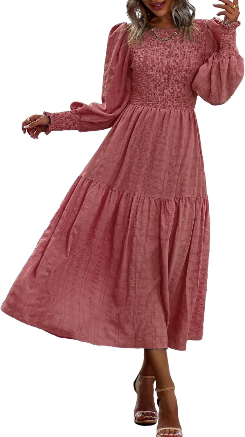 PRETTYGARDEN Women 2026 Spring Puff Long Sleeve Crewneck Smocked Maxi Dress Empire Waist Tiered A-line Swing Flowy Long Dress