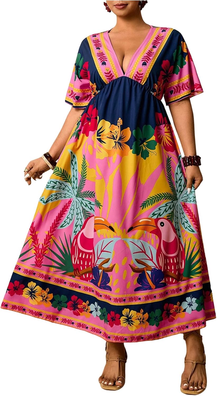 Floerns Women's Plus Size Hawaiian Tropical V Neck Long Dress | V Neck,Boho Hawaiian Tropical,All Over Print,Short Sleeve,Vacation Outfits