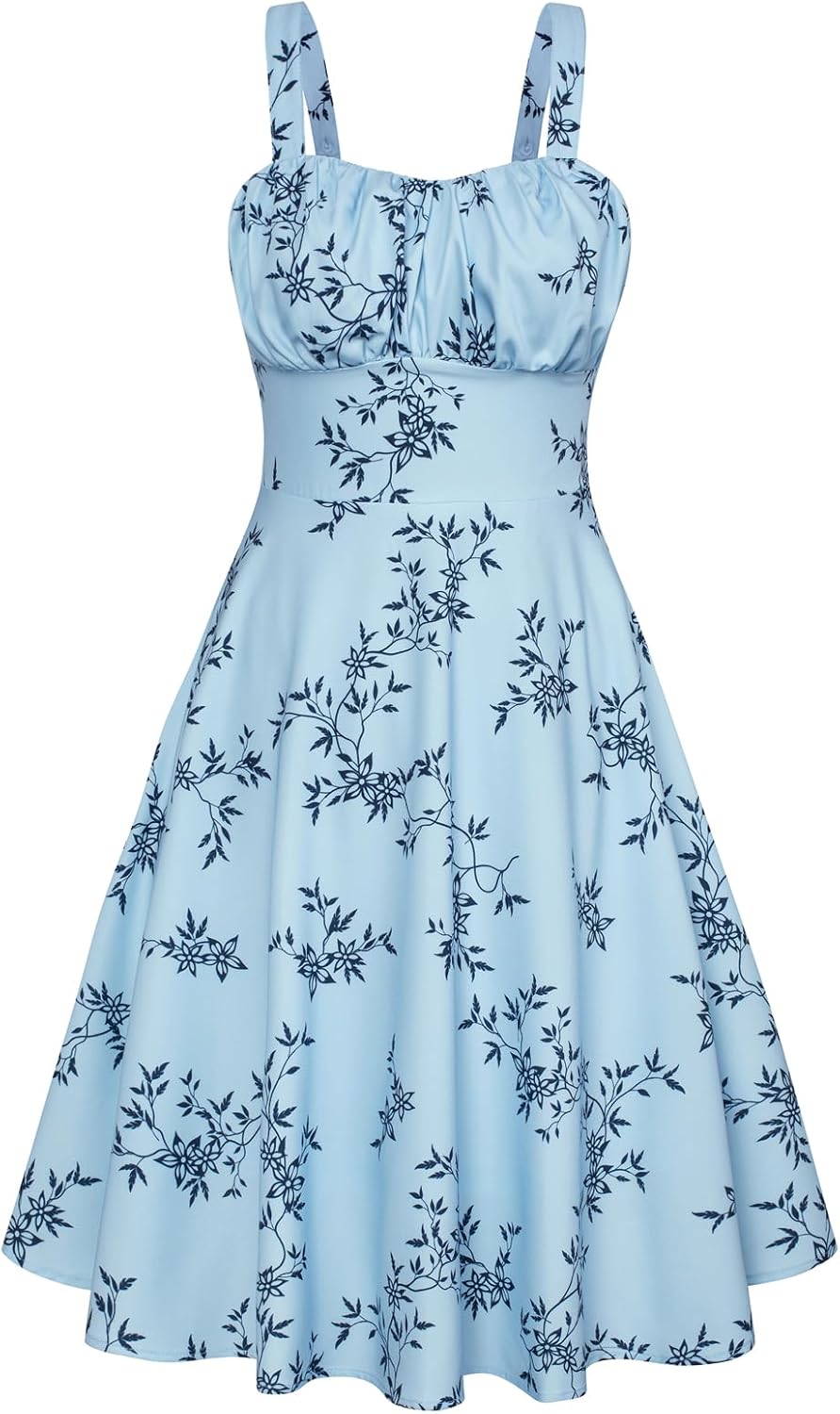 Belle Poque Womens Vintage A-line Midi Cocktail Party Dress | Spaghetti Strap,Sleeveless,Flowy,Swing,1950s Elegant Tea Party Dress,Wedding Guest Dress,Homecoming Dress