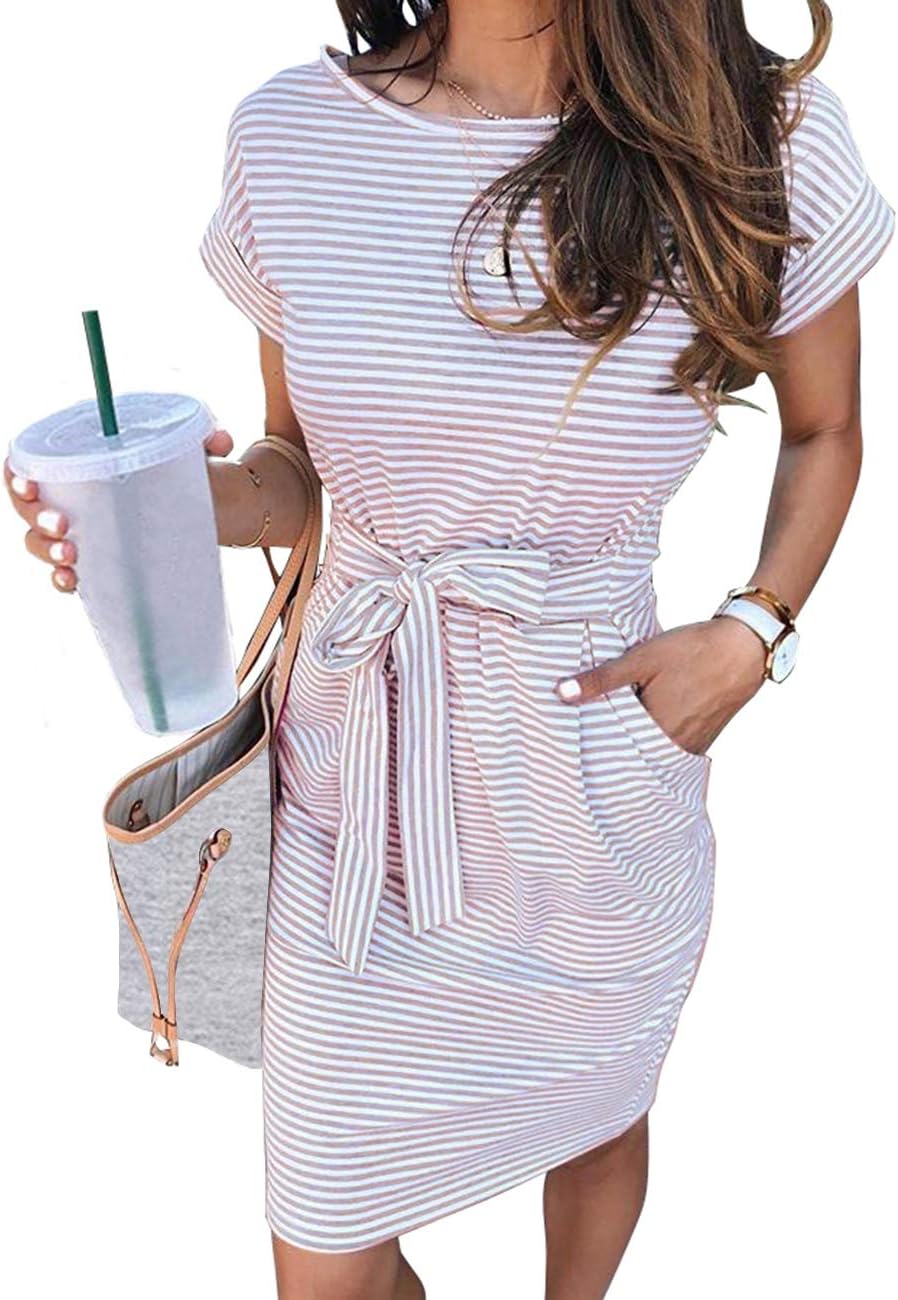 MEROKEETY Women's 2026 Summer Short Sleeve Casual T Shirt Dress | Striped, Tie Waist, Crew Neck, Work Vacation Beach, Trendy Fashion Cute Short Dresses