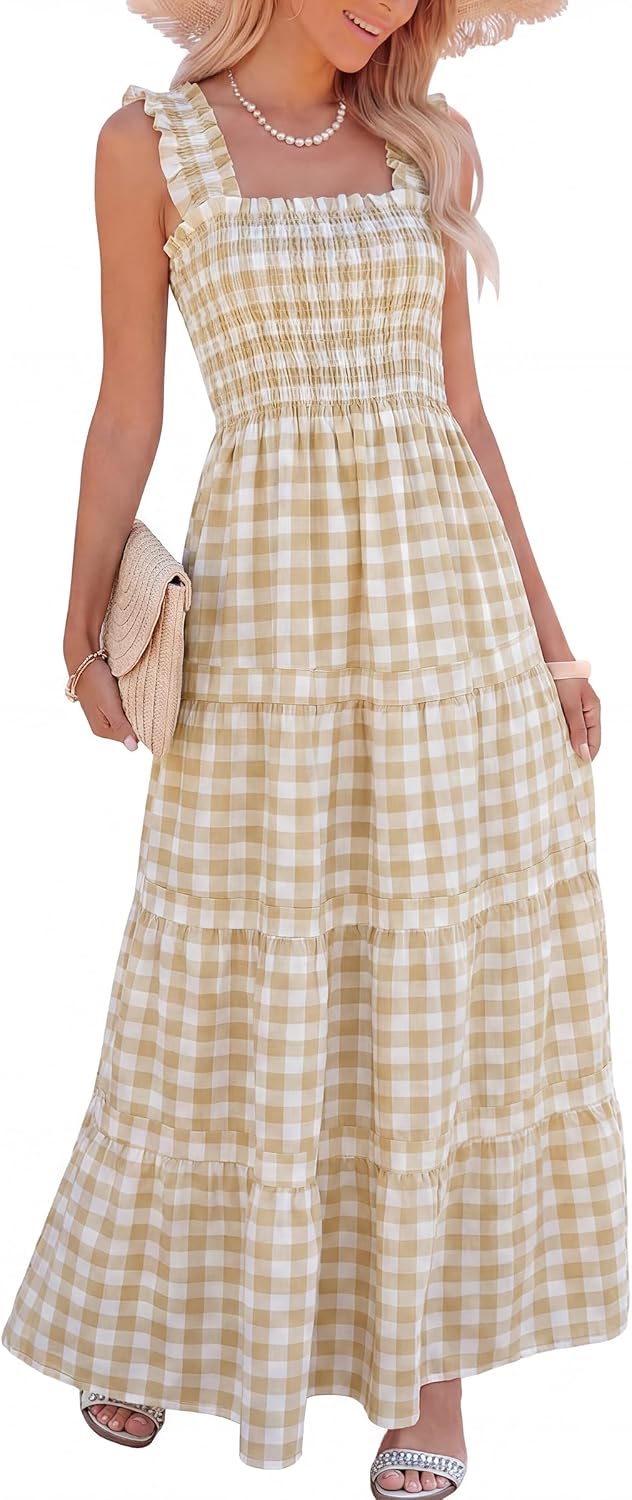 Caracilia Womens Summer Maxi Dresses Floral Smocked Boho Sundress | Sleeveless Ruffle Straps, Square Neck, Tiered Aline Flowy Casual Long Dress, Beach Vacation Outfits