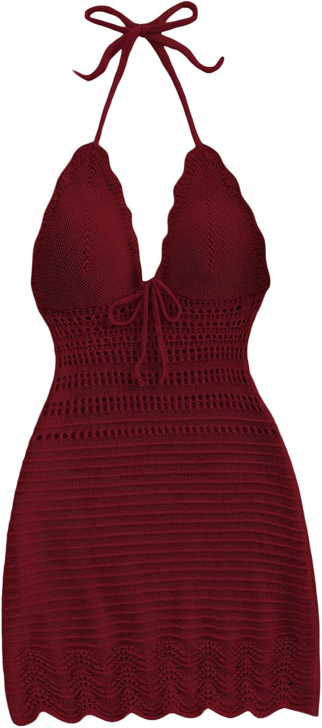 GORGLITTER Women's Crochet Halter Mini Dress Western Cowgirl Sweater Dress | Boho Knit Backless Dresses, 90s Country Concert Party Festival Outfits, Rave Hippie Clothes