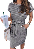 MEROKEETY Women's 2026 Summer Short Sleeve Casual T Shirt Dress | Striped, Tie Waist, Crew Neck, Work Vacation Beach, Trendy Fashion Cute Short Dresses