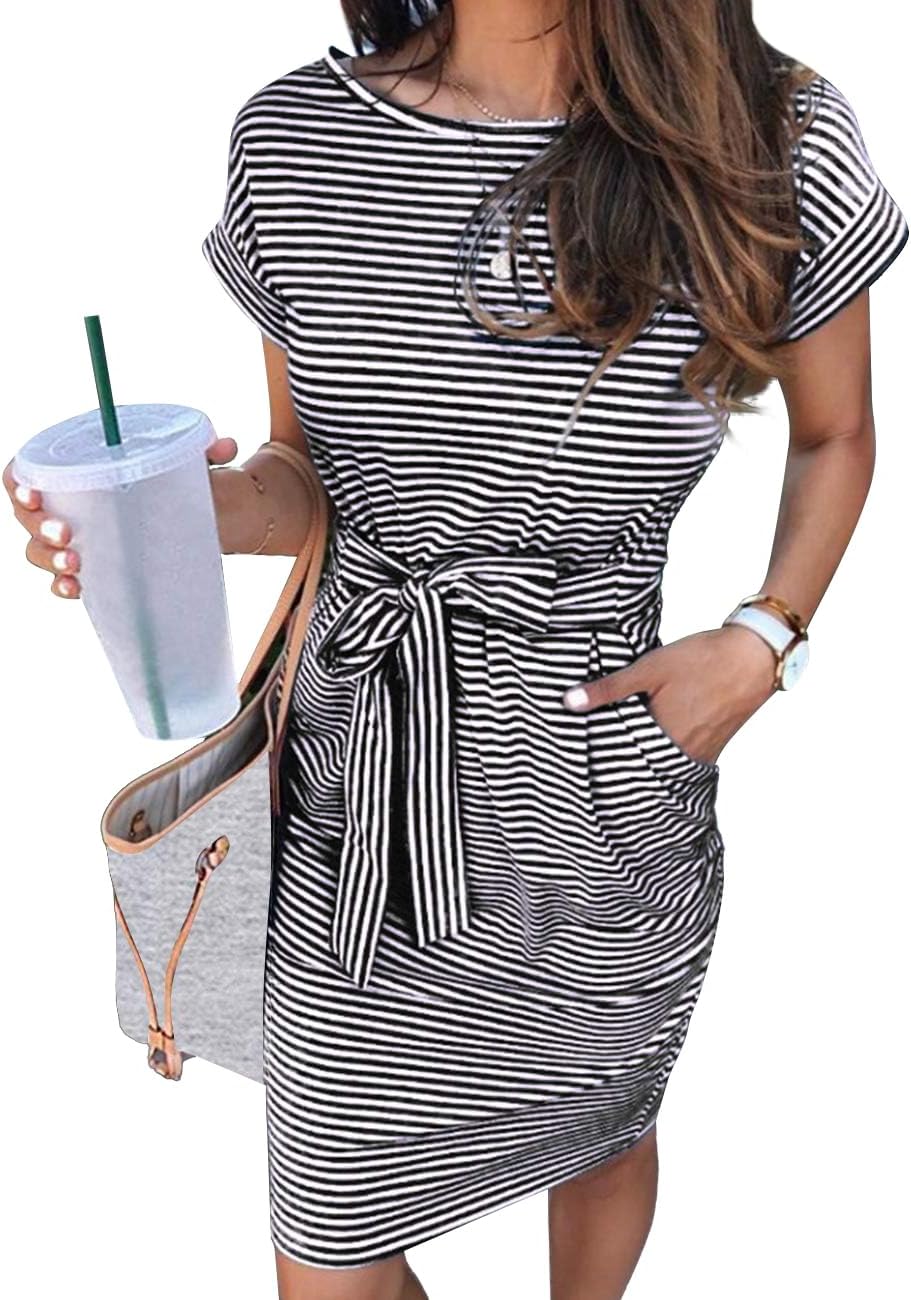 MEROKEETY Women's 2026 Summer Short Sleeve Casual T Shirt Dress | Striped, Tie Waist, Crew Neck, Work Vacation Beach, Trendy Fashion Cute Short Dresses