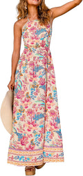 CUPSHE Women's Floral Halter Backless Smocked Beach Maxi Dress | Adjustable Tie Neckline, Shirred Back Elastic, Boho Ruffle Hem, Lightweight Flowy, Summer Tropical Vacation Resort Outfits