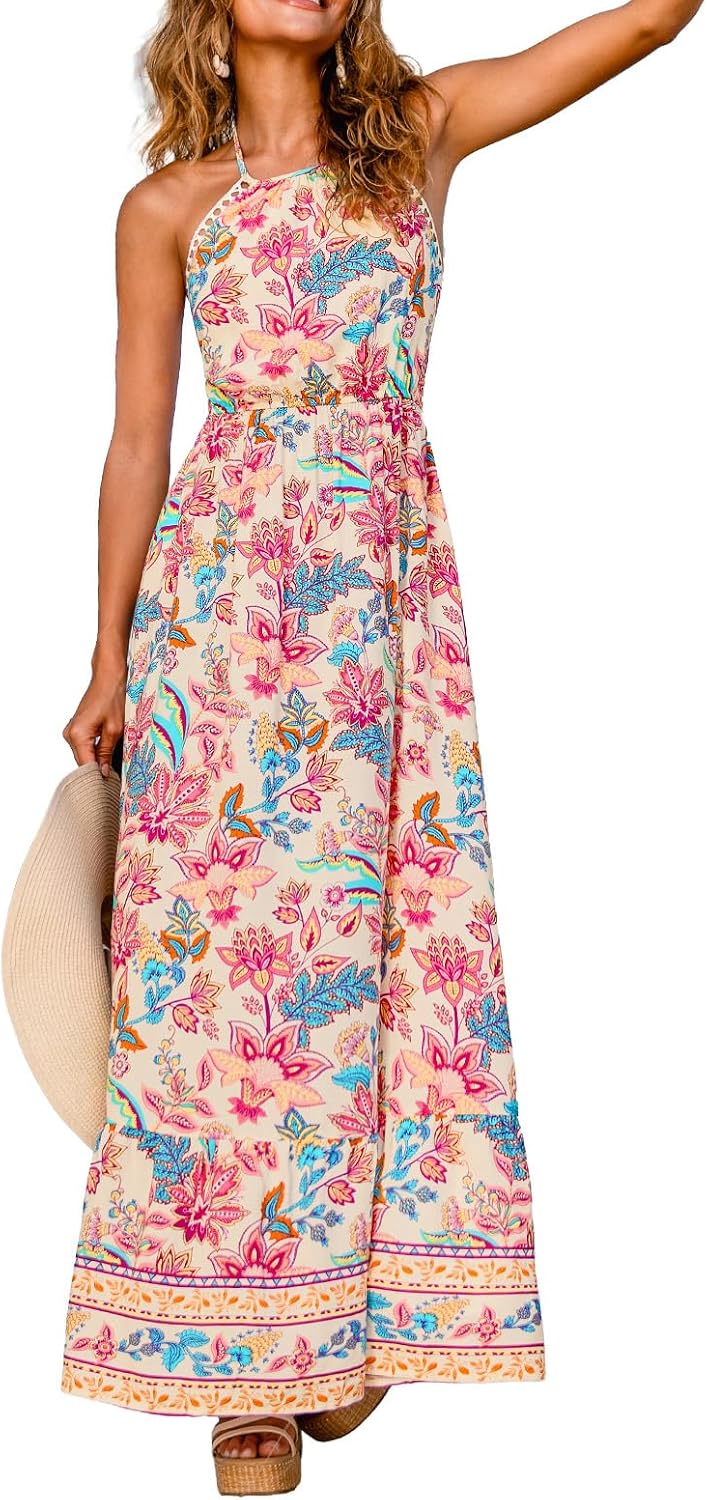 CUPSHE Women's Floral Halter Backless Smocked Beach Maxi Dress | Adjustable Tie Neckline, Shirred Back Elastic, Boho Ruffle Hem, Lightweight Flowy, Summer Tropical Vacation Resort Outfits