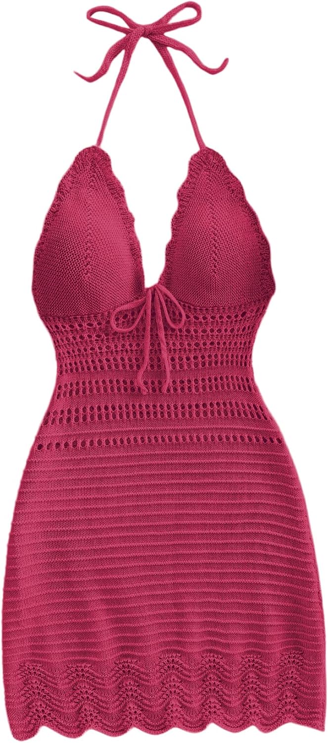 GORGLITTER Women's Crochet Halter Mini Dress Western Cowgirl Sweater Dress | Boho Knit Backless Dresses, 90s Country Concert Party Festival Outfits, Rave Hippie Clothes