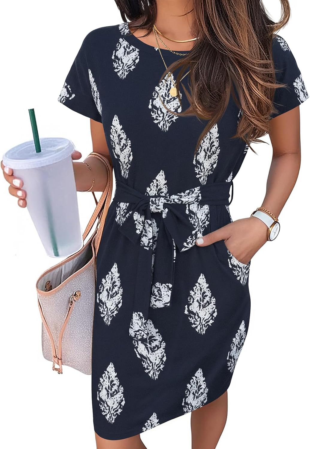 MEROKEETY Women's 2026 Summer Short Sleeve Casual T Shirt Dress | Striped, Tie Waist, Crew Neck, Work Vacation Beach, Trendy Fashion Cute Short Dresses