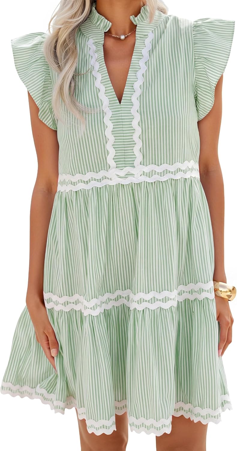 ZESICA Women's Summer Casual Striped Mini Dress Beach Dresses | Flutter Short Sleeve Dress,Elegant Flutter Sleeves Vneck Dresses,Ruffle A Line Clothes,Striped Short Dress,Cocktail Party