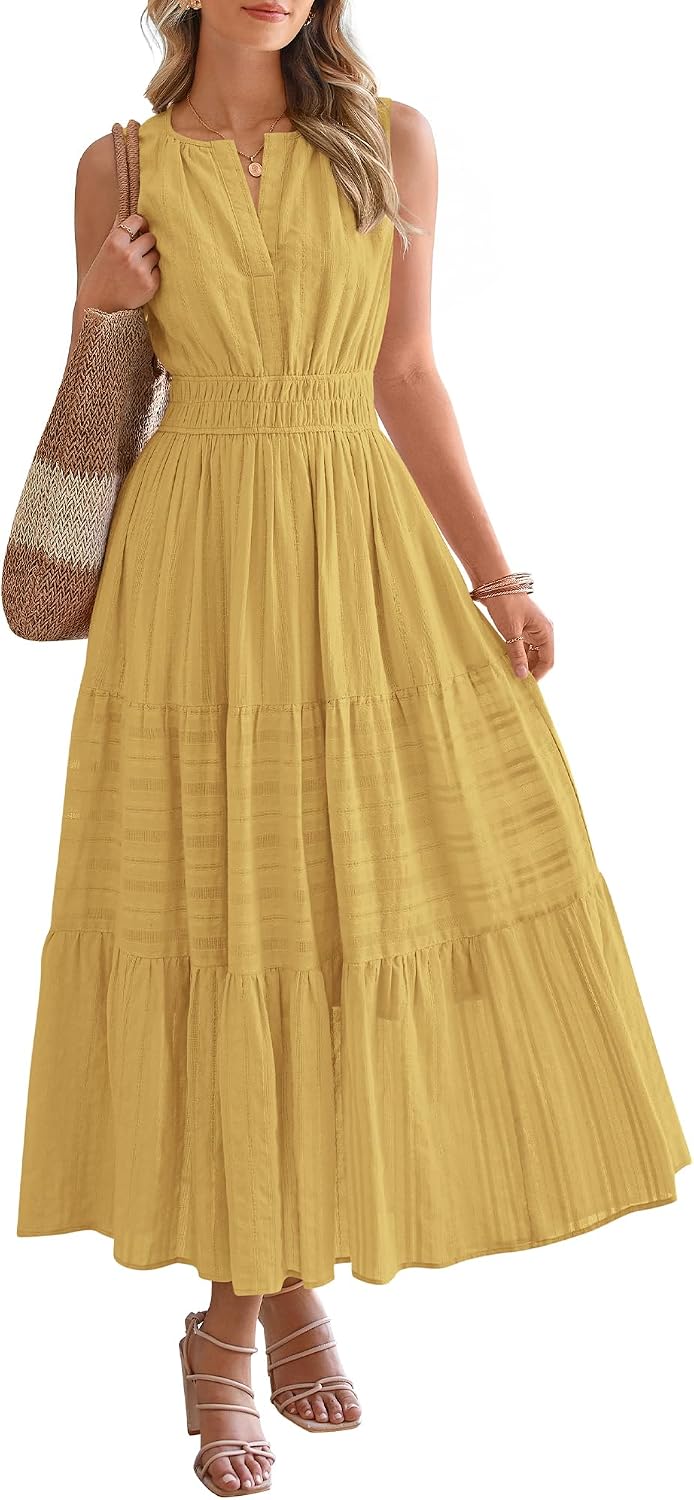 BTFBM Womens Summer Casual Midi Maxi Dress 2026 | Lightweight Sleeveless Boho Sundress,Elastic Waist A Line,V Neck Cotton Long Dresses Pockets,Beach Vacation,Fashion Clothing
