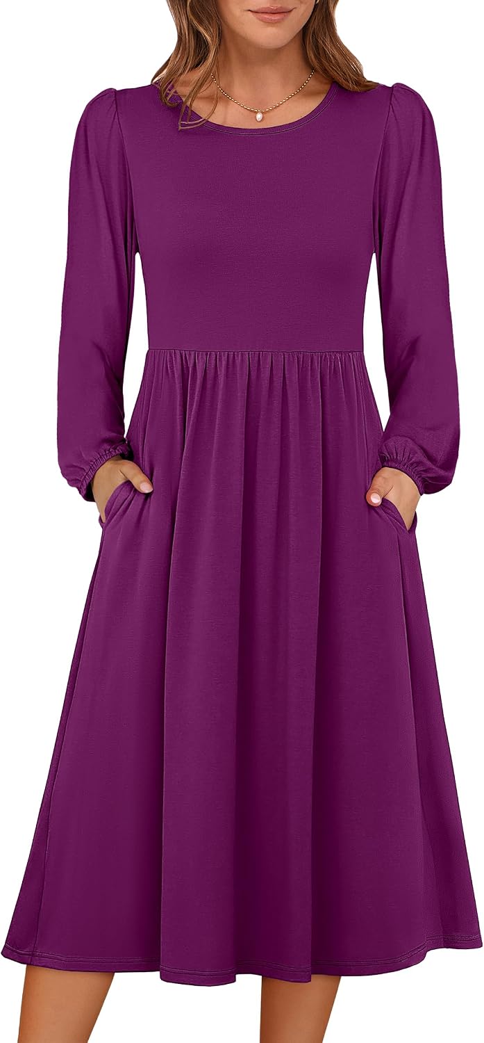ANRABESS Women Long Sleeve Casual Fall Midi Dress Lightweight with Pockets | Crewneck Flowy A-Line Long Dresses, Comfy Soft, Church Floral Vacation Outfits, Fashion Transition, Winter Layering Clothes