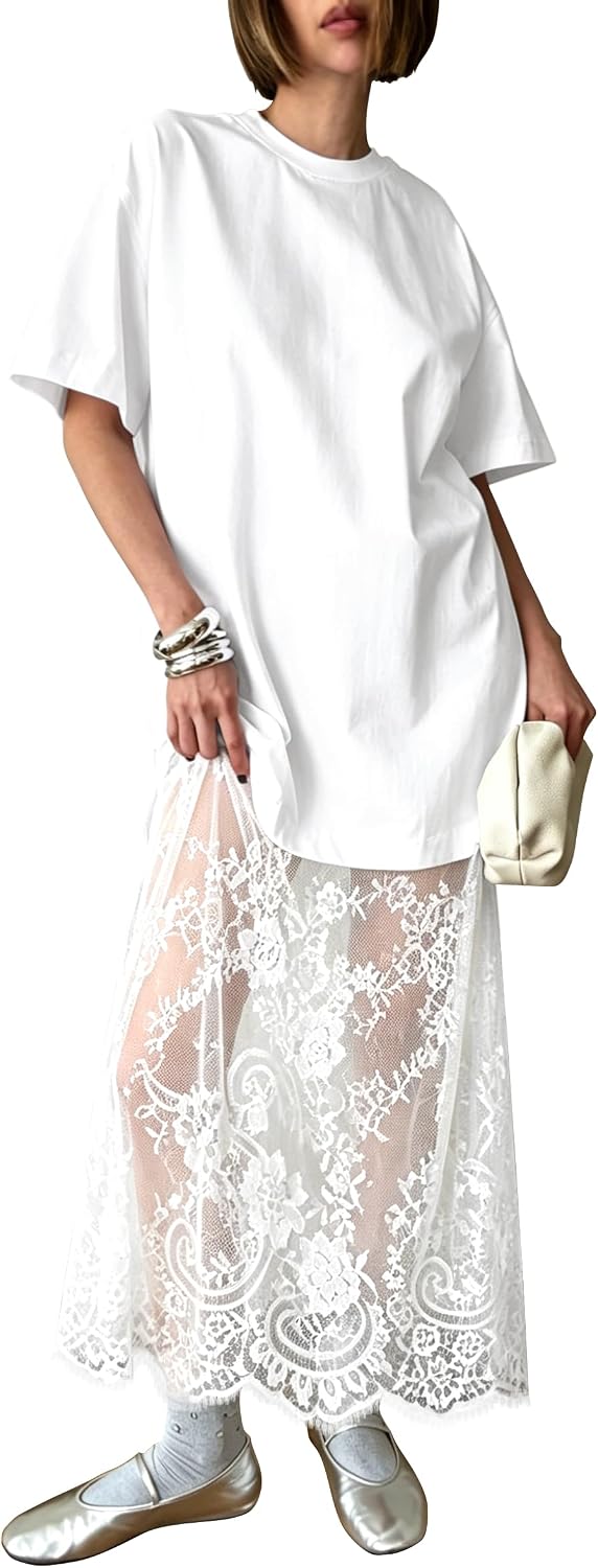 miduo Womens Summer Short Sleeve Crewneck Lace Patchwork Maxi Dresses | Casual Lace Patchwork Maxi Dress Long Shift Dresses