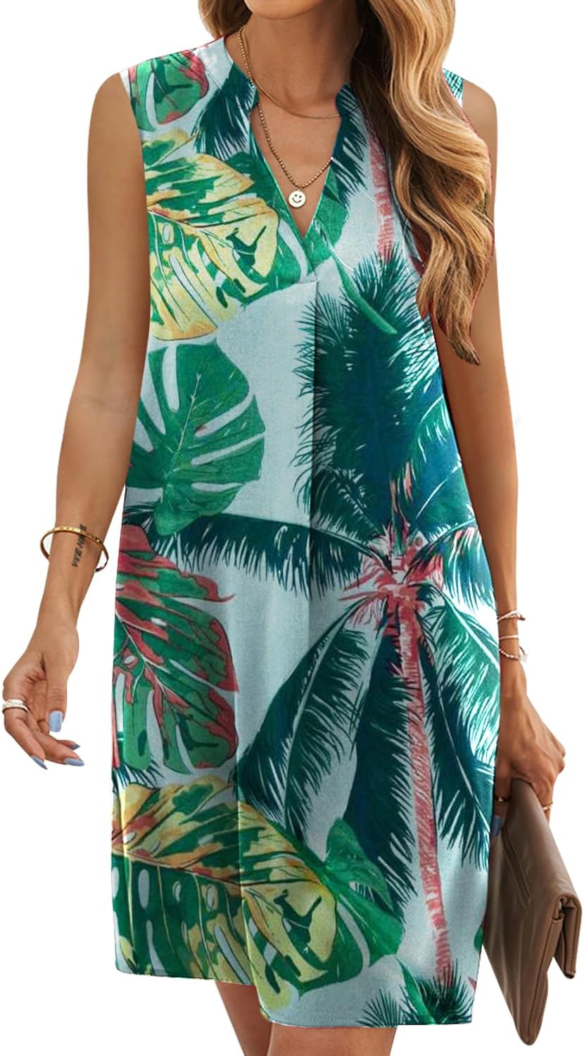 QACOHU Summer Dresses for Women 2026 Sleeveless Casual Shift Dress | Mini Sundress, V Neck , Loose Straight Fit Tank Dress, Spring Outfits for Beach Vacation, Church, Wedding Guest