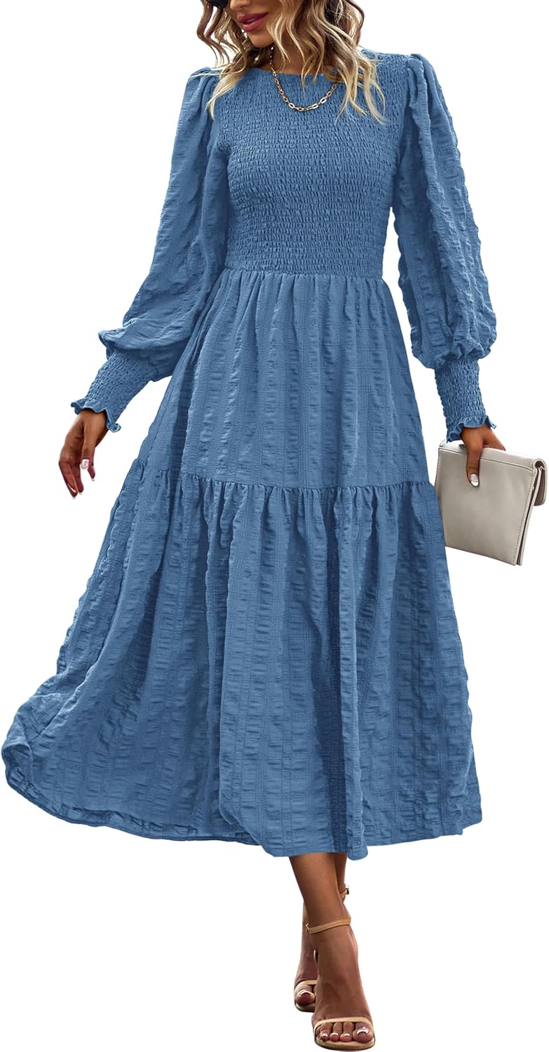 PRETTYGARDEN Women 2026 Spring Puff Long Sleeve Crewneck Smocked Maxi Dress Empire Waist Tiered A-line Swing Flowy Long Dress