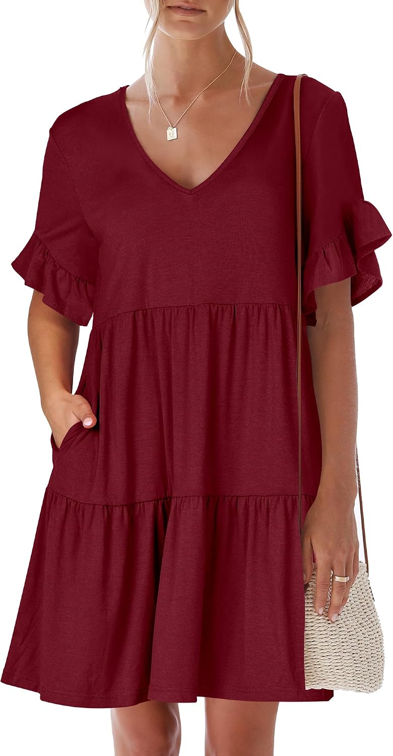 ANRABESS Dresses for Women Summer 2026 V Neck Ruffle Sleeve A Line Tiered Flowy Casual Trendy Mini Beach Dress with Pockets