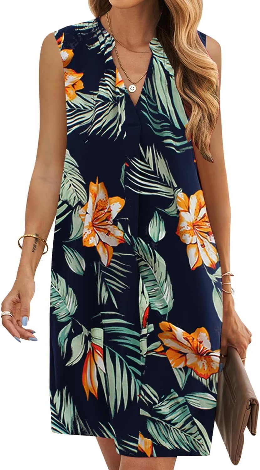 QACOHU Summer Dresses for Women 2026 Sleeveless Casual Shift Dress | Mini Sundress, V Neck , Loose Straight Fit Tank Dress, Spring Outfits for Beach Vacation, Church, Wedding Guest