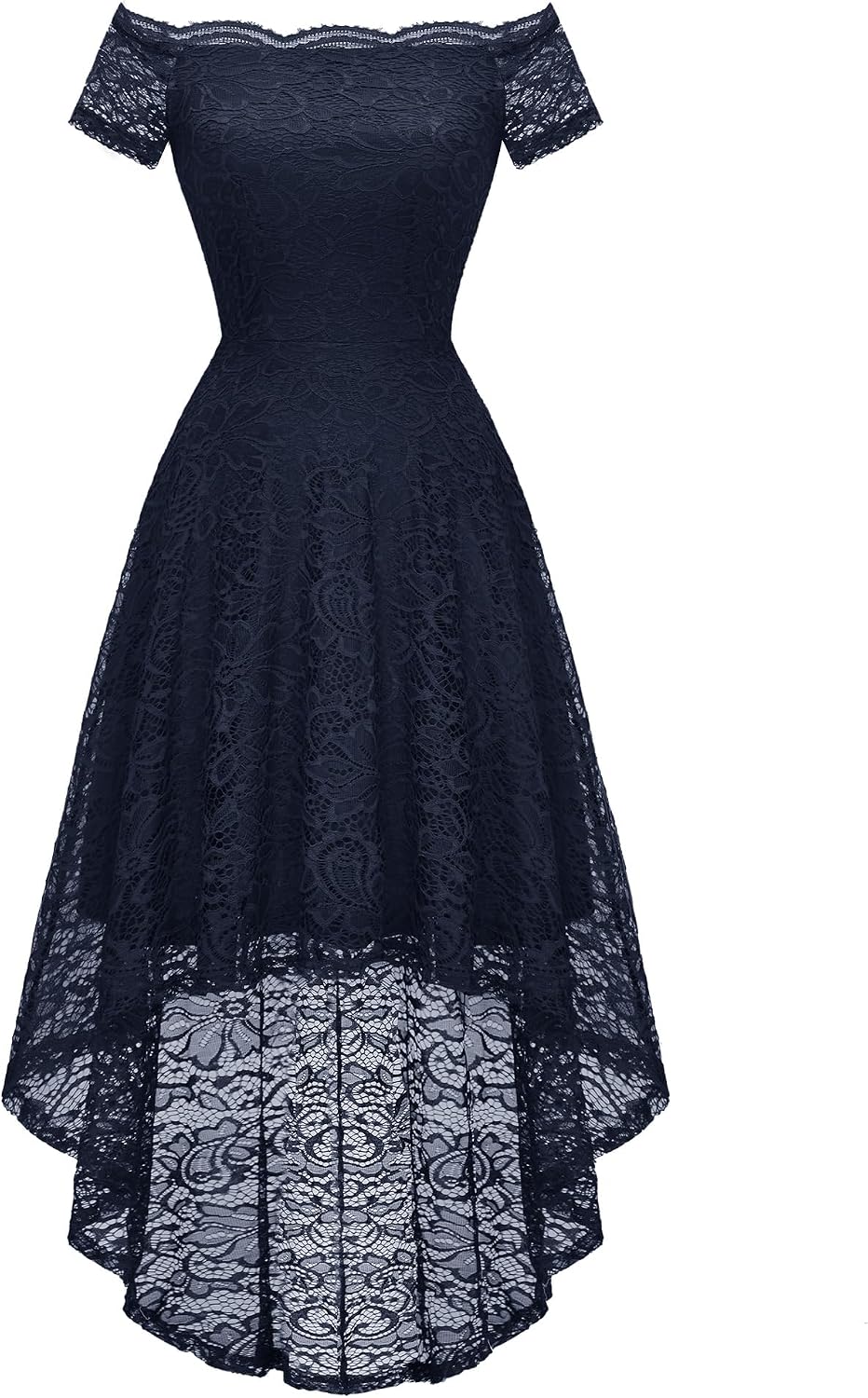 Dressystar Women's Lace Off Shoulder Cocktail Formal Wedding Guest Dress | Hi Lo Bridesmaid Wedding Dresses,Short Sleeve Party Swing Dress, A Line Design,Convertible Neckline,Soft Lace Long Dress