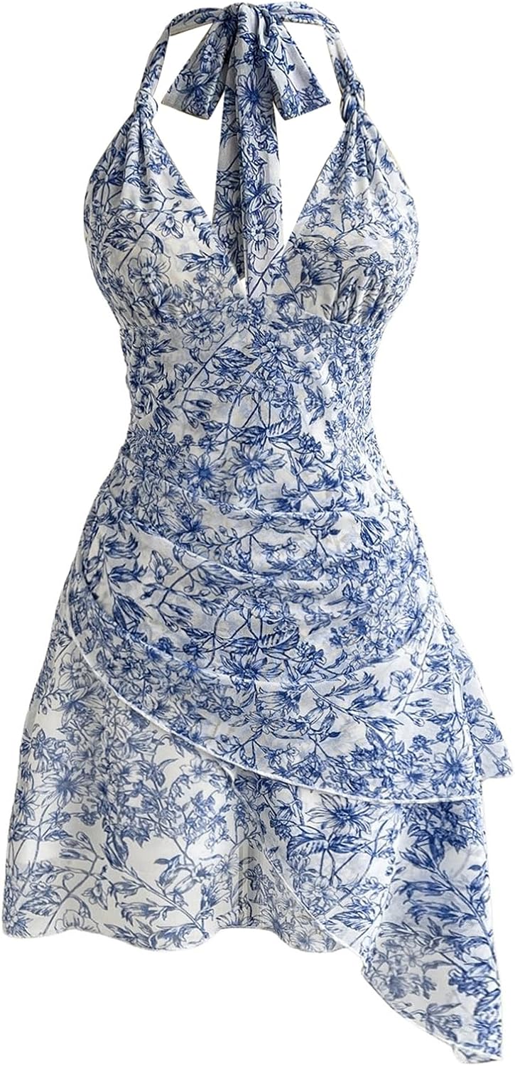 BEAUDRM Women's Summer Mini Dress Halter Backless Vacation Beach Sundresses | Boho Dress, Floral Dress for Women, Vacation Beach Outfits, Going Out Dress, Brunch Outfits